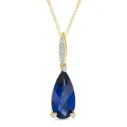 Pear-Shaped Lab-Created Blue Sapphire and Diamond Accent Drop Pendant in 10K Yellow Gold
