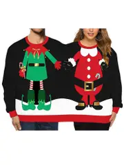 Two Person Ugly Christmas Sweater Women Men Conjoined Twin 3d Printed Couples Jumper Funny Hl1 Black