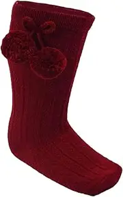 [AELSSTORES] Baby Girls Socks Cotton Rich Spanish Pom Ribbon Hearts Wedding Stocking High Knee Long with Bobble Top Party Textured Ribbed Sock Burgundy S355, 6-12 Months, Burgundy Pom Pom S355, 6-12 Months