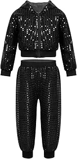 [TiaoBug] Kids Boys Girls Sparkly Sequins Long Sleeve Hip Hop Latin Jazz Street Dance Costumes Hooded Jacket Pants Set