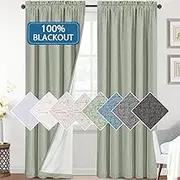 H.VERSAILTEX Linen Look 100% Blackout Curtains for Bedroom Full Light Blocking Rod Pocket Linen Textured Thick Window Curtain Drapes with White Backing, 2 Panels Set, Each W132cm x D241cm, Sage