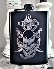 Stainless Steel Liquor Hip Flask, Laser engraved With Funnel, Skull in Anchor