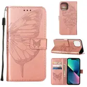 For iPhone 14 Plus Case, Embossed Floral Butterfly, PU Leather Wallet Cover, Lanyard, Stand, Rose Gold