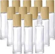 12Pcs 10ml Roller Bottles Clear Glass Roll On Bottles Empty Refillable Essential Oil Perfume Cosmetic Sample Bottles with Stainless Steel Roller Balls & Wood Grain Plastics Lid