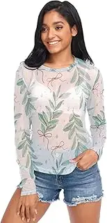 [RPLIFE] Watercolor Eucalyptus Leaves Mesh Sleeve Top, Sexy Sheer Tops for Women S-XXL