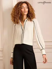 Love & Roses Ivory Contrast Piping Button Through Long Sleeve Shirt (AV1096) | $83