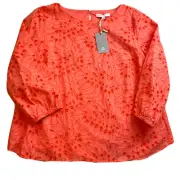 Preston & York Alexia Red Orange Coral Floral Eyelet 3/4 Sleeve Blouse Size XXL