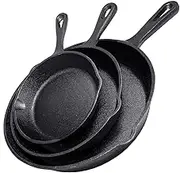 Simple Chef Cast Iron Skillet 3-Piece Set - Best Heavy-Duty Professional Restaurant Chef Quality Pre-Seasoned Pan Cookware Set - 10", 8", 6" Pans - Great For Frying, Saute, Cooking, Pizza & More,Black