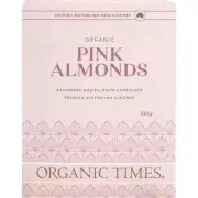 ORGANIC TIMES Pink Raspberry Dusted White Choc Almonds 130g