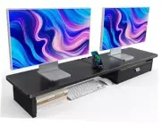 Large Dual Monitor Stand with Drawer, Wood Monitor Riser for 2 Monitors with
