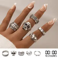 在飛比找momo購物網優惠-【00:00】歐美時尚龐克風骷髏愛心元素5件戒指套組(龐克風