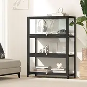 Oikiture Display Cabinet with 3 Tiers Shelves Clear Door Display Shelf Home Storage Cabinet Black
