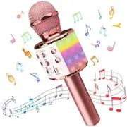 Wireless Bluetooth Karaoke Microphone with LED Light Control, 4 in 1 Portable Karaoke Machine Speaker for Android/iPhone/PC, (Rose Gold)