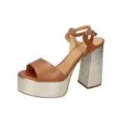 BC693 E. D'ALESSANDRO Shoes Women Brown Sandals Leather Gold Round Toe No Sanda