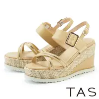 在飛比找momo購物網優惠-【TAS】金屬飾條裝飾真皮高跟楔型涼鞋(淺棕)