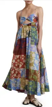 NWT Bec & Bridge Cutout Silk And Cotton Patchwork Dress 6 $400