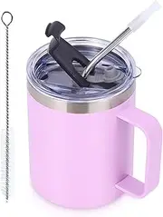 Volhoply 12oz Insulated Leakproof Coffee Mug with Sliding & Straw Lid,Double Wall Vacuum Stainless Steel Travel Cafe Tumbler Cup with Handle,Reusable Camping Mugs Keep Cold/Hot(Purple,1 Set)