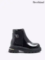 River Island Black Girls Patent Heart Print Strap Chelsea Boots (W69092) | $65