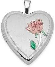[JewelryWeb] 925 Sterling Silver Satin Back Holds 2 photos Polished and satin 20mm Enameled Flower Love Heart Locket - Locket Necklace for Women