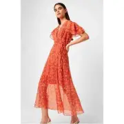 NWT French Connection Esi Crepe Midi Tea Flutter Sleeve Dress in Pumpkin 0