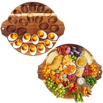 Acacia Wood Deviled Egg Platter with Handles 13 Inch 24 Holes Serving Tray Round