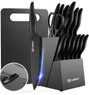 15 Pieces Kitchen Knife Block Set with Cutting Board, Stainless Steel, Sharpener
