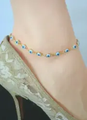 HAMSA EVIL EYE ALL BLUE COLOR EYE 14Kt GOLD CLAD PL ANKLET ANKLE BRACELET 9 -13
