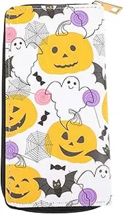 [JEWEDECO] Leather Wallet for Women Halloween Pumpkin Design Compact Zipper Wallet for Girls