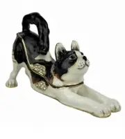 Black, Brown, White stretching Cat trinket box, jeweled & enamel, NIB Cute