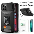 For iPhone 13 Pro Max Shockproof Armor Ring Stand Case Slide Camera Cove + Films