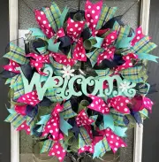 Pink PolkaDot & Aqua Welcome Front Door Deco Mesh Wreath Spring Summer Everyday