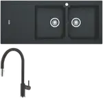 Franke Bali Double Bowl Sink with Left Hand Drainer and Verona Pull-Out Tap - Onyx