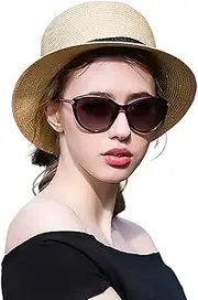 [Fiunkes] Womens Panama Straw Boater Hat with Tassel, Foldable Wide Brim UV Protection Sun Hat UPF50+ Skimmer Beach Hat, 20s Costume Accessory