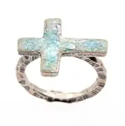 Roman Glass Silver 925 Cross Ring Size7 Authentic Fragment 200 B.C Bluish Patina