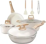 Sonicefit Nonstick Pots and Pans Set, 10PCS Induction Healthy Cookware Set with Saute Pan Saucepan Casserole Frying Pan, Non-Toxic Kitchen Cooking Set for All Stoves, PFAS & PFOA Free (Beige-10pcs)