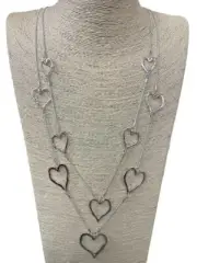 BEACH FASHION SILVER TONE RHODIUM HAMMERED HEARTS SILHOUETTE LONG LAYER NECKLACE