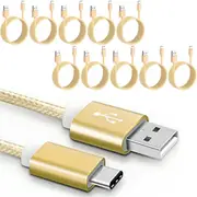 10 Pack 2m Long Data Transfer Charger Charging USB Type C Phone Tablet Cable Cord Bulk Braided Gold Nylon