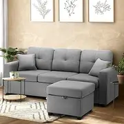 OIKITURE 3 Seater Sofa Sectional Plush Padded Seats Footrest Set, 192cm Width Sofa with Ottoman Footstool, Modern Sofa Couch with Extra Underseat Slide-out Drawers for Living Room, Bedroom, Light Grey