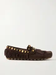 [Valentino Garavani] Valentino Garavani - Plaster Caster Fringed Studded Suede Loafers - Chocolate - IT41 IT 41 Brown
