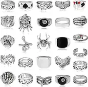 [Acruccen] 26 Pcs Vintage Silver Punk Rings Set for Men Cool Gothic Chunky Rings Statement Snake Wing Signet Ring Set, Metal, No Gemstone