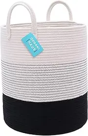 OrganiHaus XXL Cotton Rope Basket in Black and Off White with Stitches | Tall 15x18 Storage Basket with Long Handles | Decorative Black and White Large Basket for Blankets