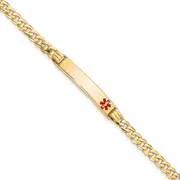 Solid 14K Yellow Gold Medical Red Enamel Curb Link ID Bracelet