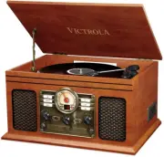 Vintage Retro Record Player 6-in-1 Stereo System Bluetooth FM Radio CD Cassette