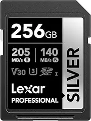 Lexar 256GB Professional Silver SD Card, UHS-I, C10, U3, V30, 4K, Up to 205/140 MB/s SDXC Memory Card, for Professional Photographer, Videographer, Enthusiast (LSDSILV256G-BNNNU)
