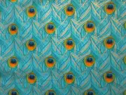 PEACOCK FEATHERS PACKED METALLIC GOLD BLUE FEATHERS COTTON FABRIC BTHY