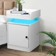 Levede Bedside Table USB Charger Outlet RGB LED Light Storage Cabinet White