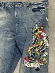 Ed Hardy Denim Jeans New York City Eagle Patch Distressed Sz 42 Slim Taper