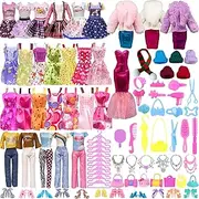 64PCS Doll Clothes and Accessories Set for Barbie, 1 Red Long Dress 10 Suspender Skirts 1 Coat 2 Fashion Dresses 2 Tops Pants 6 Necklaces 2 Bags 10 Shoes 10 Hangers 18 Girl’s Accessories 1 Scarf 1 Hat