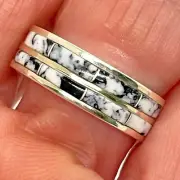 Navajo White Buffalo Turquoise Two Stack Ring Band Sz 7.5 Sterling CJ Kyle 1/4"