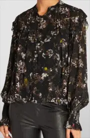 Allsaints Lara Viola Shirt Womens 10 Black Ruffle Floral Whimsy Coquette Witchy